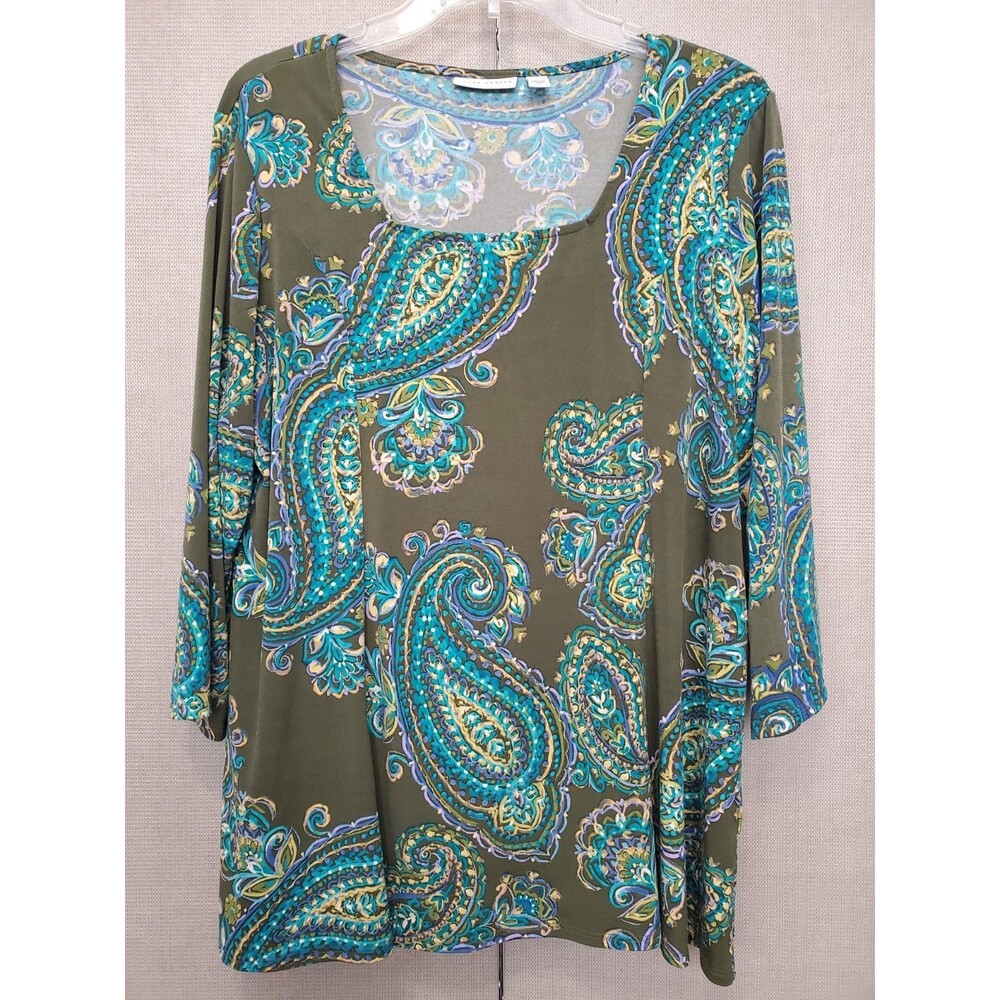 Susan Graver LiquidKnit Green Paisley Square Neck 3/4 Sleeve Tunic Size Large